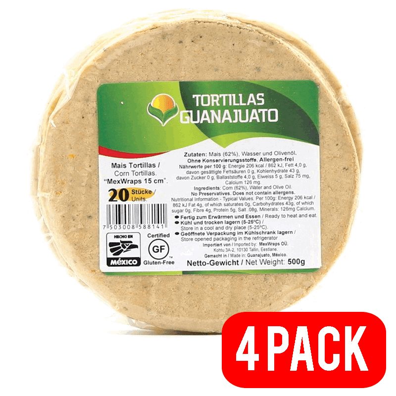 4 pack Tortilla maíz amarillo 15cm 20U 500g Guanajuato
