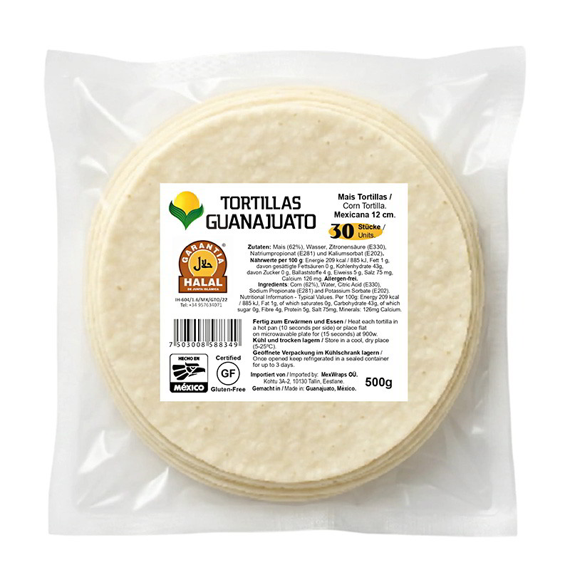 Tortilla maíz blanco 12cm 30U 500g Guanajuato